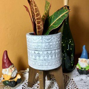 Distressed Grey Ceramic Planter w/ Wood Stand